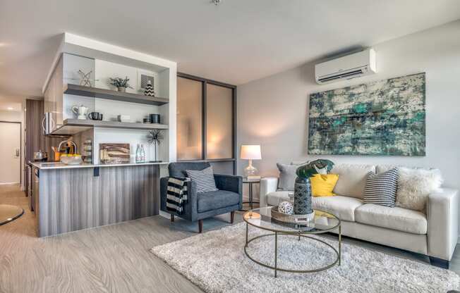 a living room with a couch and a coffee table