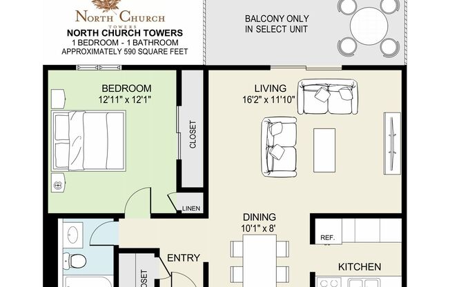 1 bed, 1 bath, 590 sqft, $900, Unit 1-114