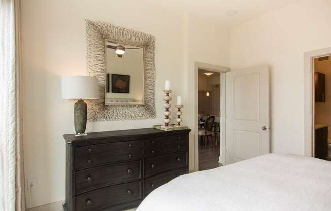 Arabelle Perimeter Luxury Apartments in Atlanta, GA 30328 photo of a bedroom with a dresser and a mirror