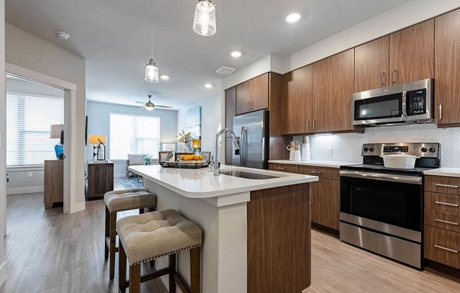 a kitchen with a large island with stools