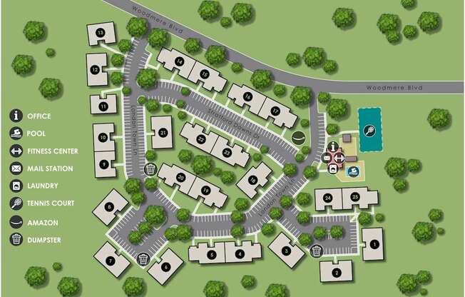 A map of a community with a pool, fitness center, laundry, and tennis court.