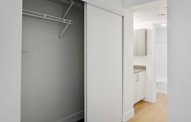 A white closet with a white door is open.