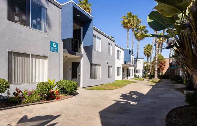 A sunny day at the G Street Apartments with a clear blue sky and palm trees.