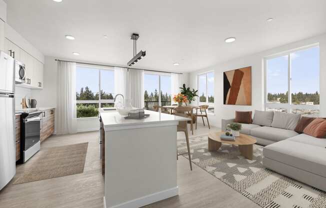 a rendering of a living room with a kitchen and dining area at Ion Town Center, Washington