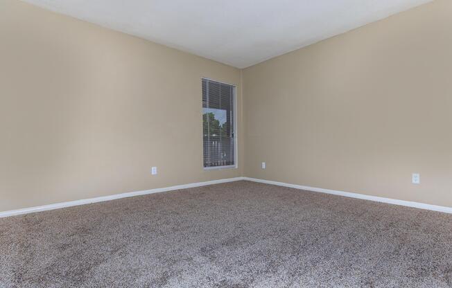 Empty room with light beige walls and a large window featuring horizontal blinds. The floor is covered with soft, beige carpet, and there are no furniture or decorations present. Natural light enters through the window, creating a bright and open atmosphere.