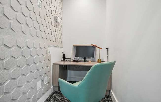 A room with a desk and a chair.