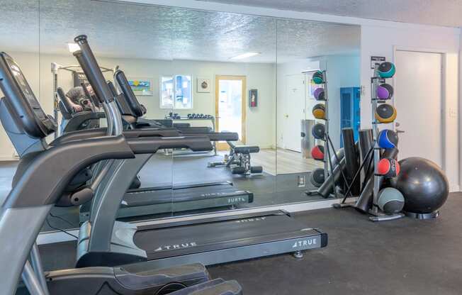 a room filled with lots of cardio equipment and weights