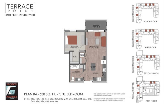 1 bed, 1 bath, 638 sqft, $1,540, Unit 124