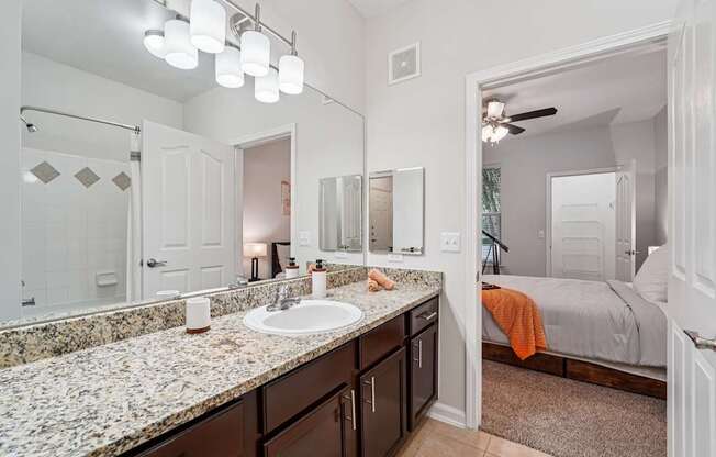 A bathroom with a marble countertop and a large mirror.