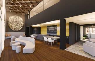 a rendering of a living room with white furniture and a dining room