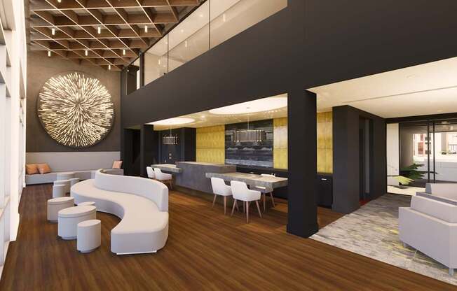 a rendering of a living room with white furniture and a dining room