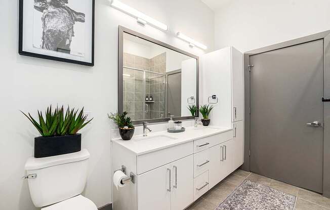 A bathroom with a toilet, sink, and mirror.
