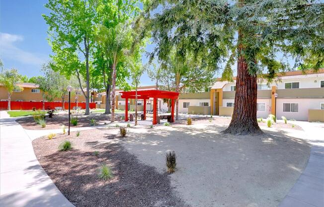 Lush Green Courtyard Wit Walking Paths at Casa Alberta Apartments, California, 94087