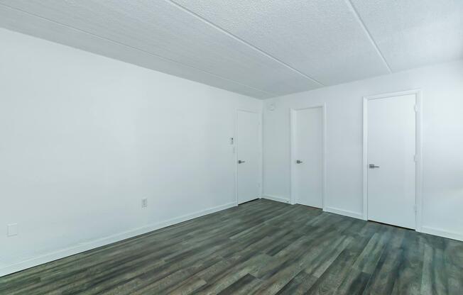 Empty room with white walls and a textured ceiling, featuring light brown laminate flooring. Two closed doors are visible on the right, and a single door is on the left. Natural light brightens the space, creating a clean and minimalist atmosphere.