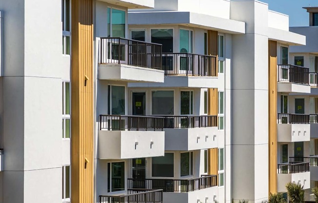 A white building with balconies and windows is surrounded by palm trees. at Elements Apartments*, California