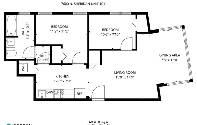2 beds, 1 bath, 691 sqft, $2,200, Unit 101