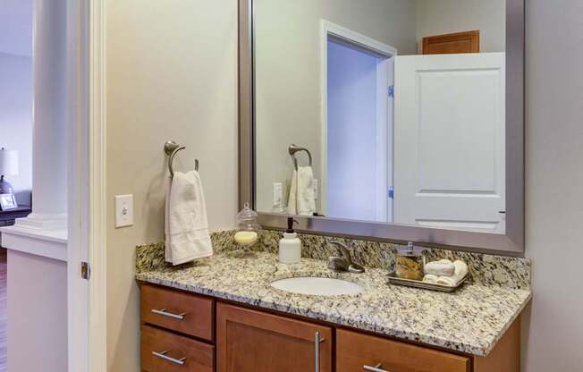 A bathroom with a granite counter top and a large mirror.