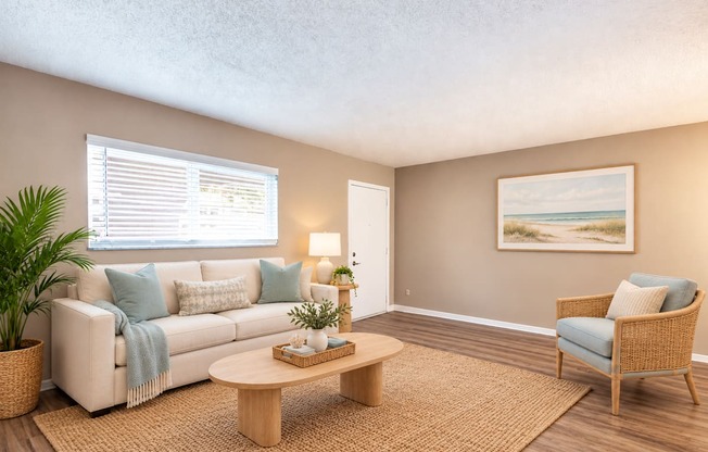 A living room with a white sofa, a wooden coffee table, a wicker chair, and a painting on the wall.