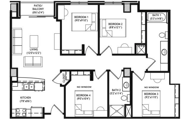 4 beds, 2 baths, 1,111 sqft, $5,400, Unit 314