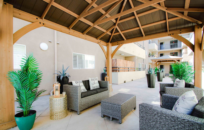 Community courtyard gazebos with seating.