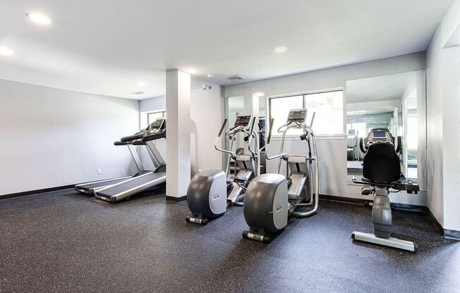 A gym with treadmills, exercise bikes, and weights.