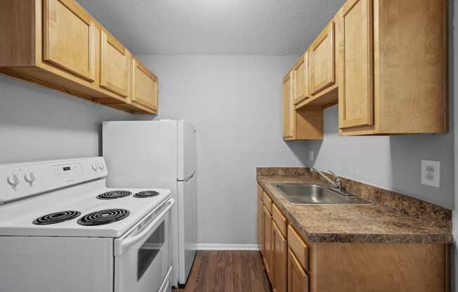 our apartments have a kitchen with a stove refrigerator and sink