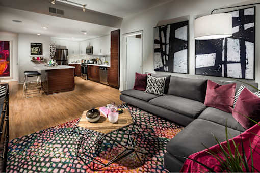 A modern living room with a grey couch and a patterned rug.