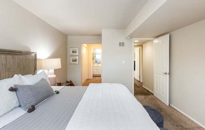 a bedroom with a large bed and a closet