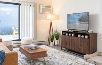 a living room with a couch and a coffee table