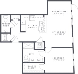 1 bed, 1.5 baths, 827 sqft, $2,506