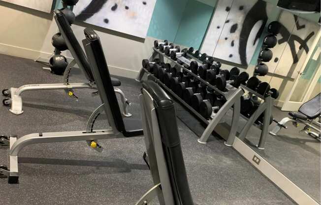 a row of weights machines in a gym