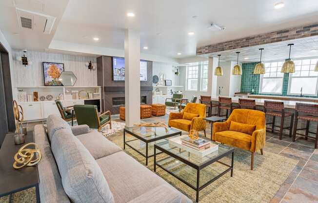 resident kitchen with lounge seating at Bayswater Apartments, California