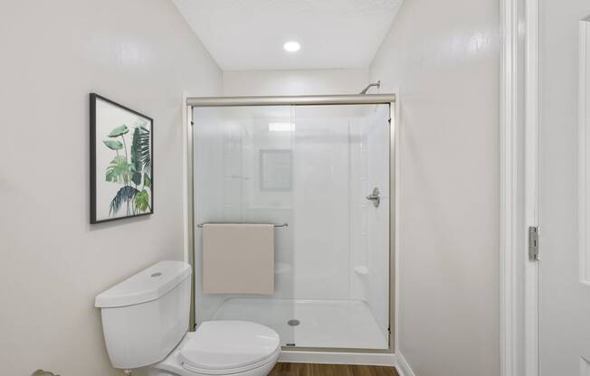 a bathroom with a toilet and a shower with a glass door