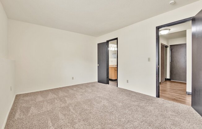 A room with a carpeted floor and two doors.