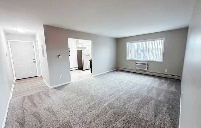 A carpeted room with a door and a window.