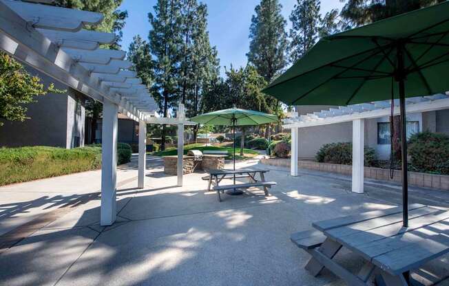 A patio with a table and chairs under a green umbrella.