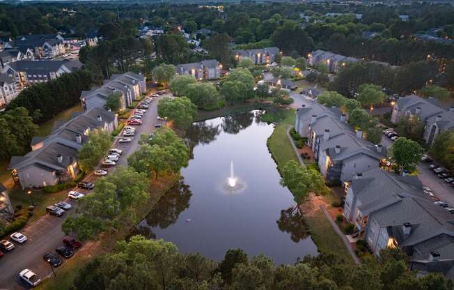 an aerial view of a pond with a fountain in the middle