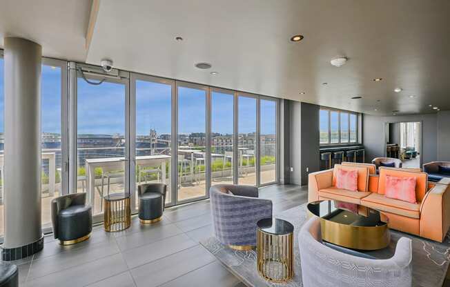 A modern living room with a view of the city.