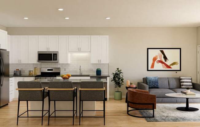a living room and kitchen area with a large painting on the wall at The Gateway at West Lake Quarter in Minneapolis, MN