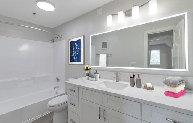 a bathroom with a large mirror and a toilet next to a bathtub