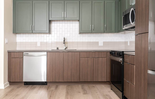 A kitchen with a dishwasher and oven.