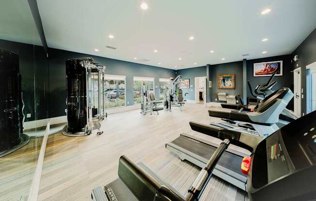 A gym with treadmills and other exercise equipment.