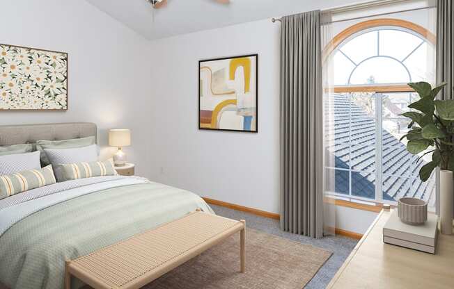 a bedroom with a large window and a bench at the end of the bed