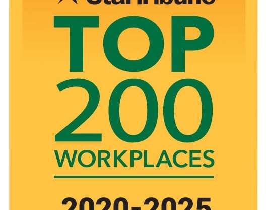 A yellow starburst badge with the StarTribune logo and the words "Top 200 Workplaces 2020-2025".