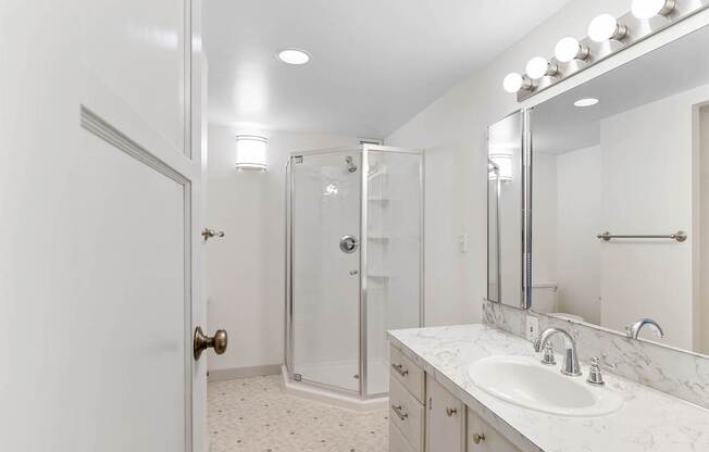 a bathroom with a sink and a shower