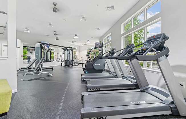 A gym with treadmills and other exercise equipment.