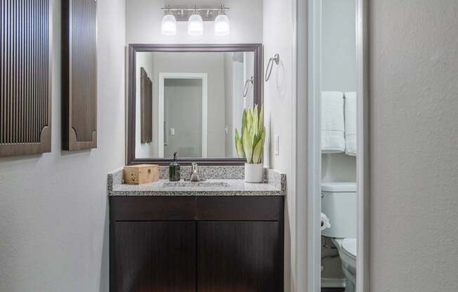 A bathroom with a sink and mirror.