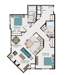 2 beds, 2 baths, 1,073 sqft, $1,849