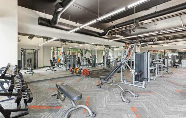 A gym with a variety of equipment including dumbbells, weight machines, and benches.