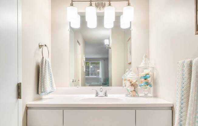 Well-lit vanities with extra cabinet storage in every apartment.